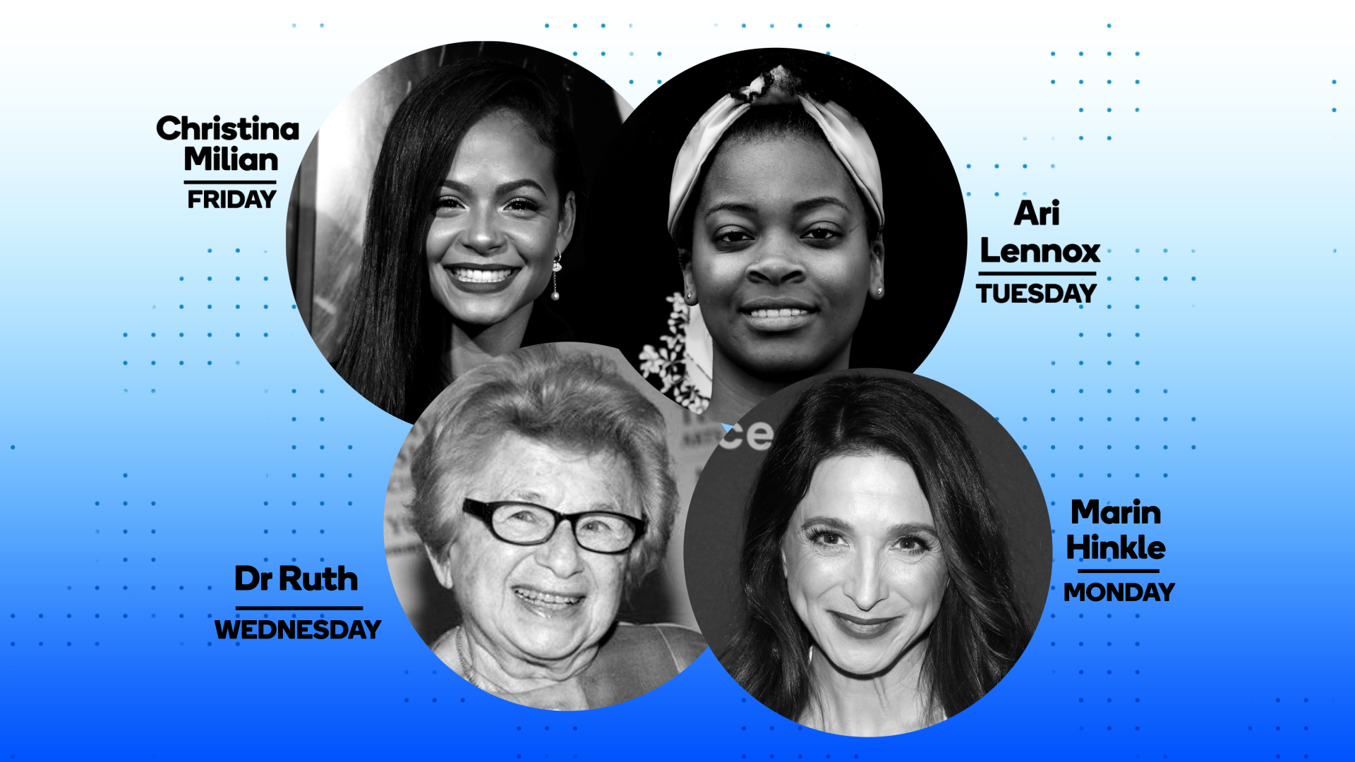 Blue graphic with black and white photos of Ja Rule, Adam Brody, Brian Austin Green, and Lee Pace