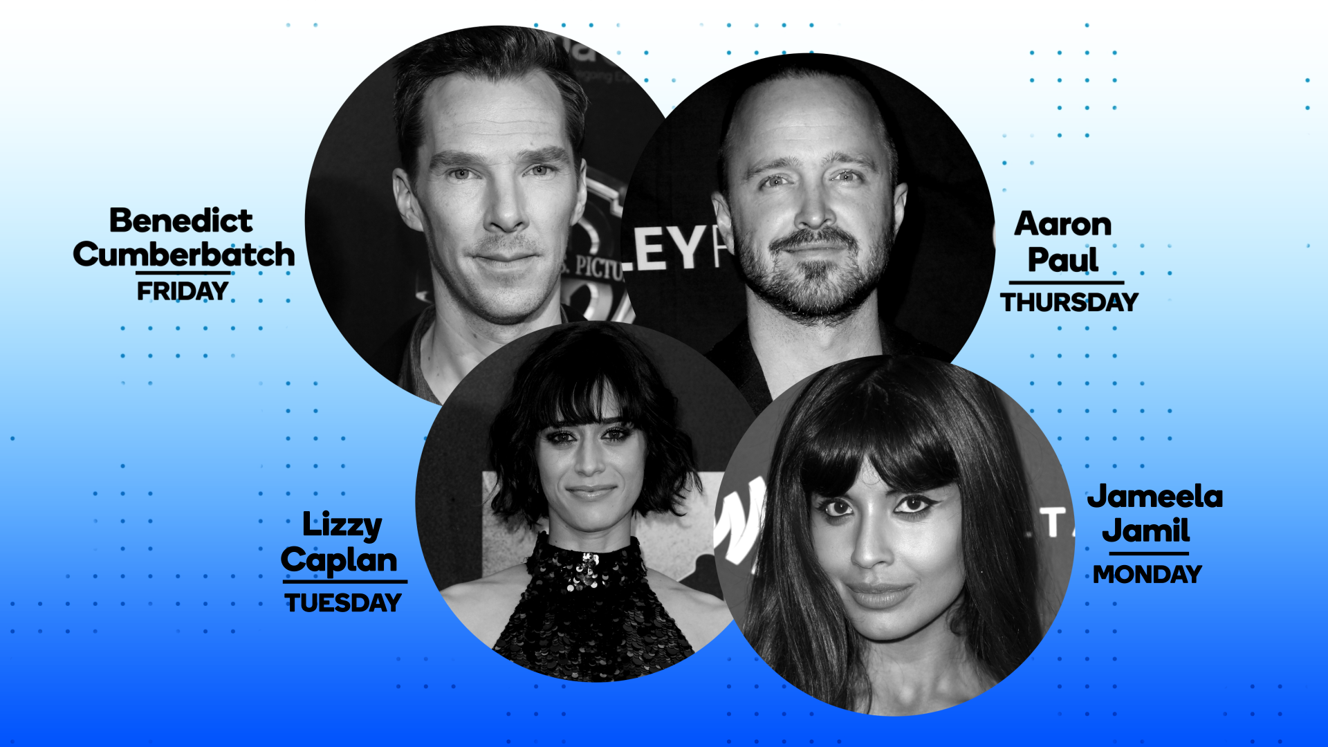 Blue graphic with black and white photos of Julie Andrews, Angie Martinez, Adam Rippon, Jenna Fischer, and Angela Kinsey