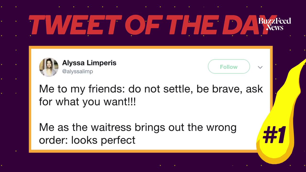 TWEET OF THE DAY: from @alyssalimp: ''Me to my friends: do not settle, be brave, as for what you want!!! / Me as the waitress brings out the wrong order: looks perfect''