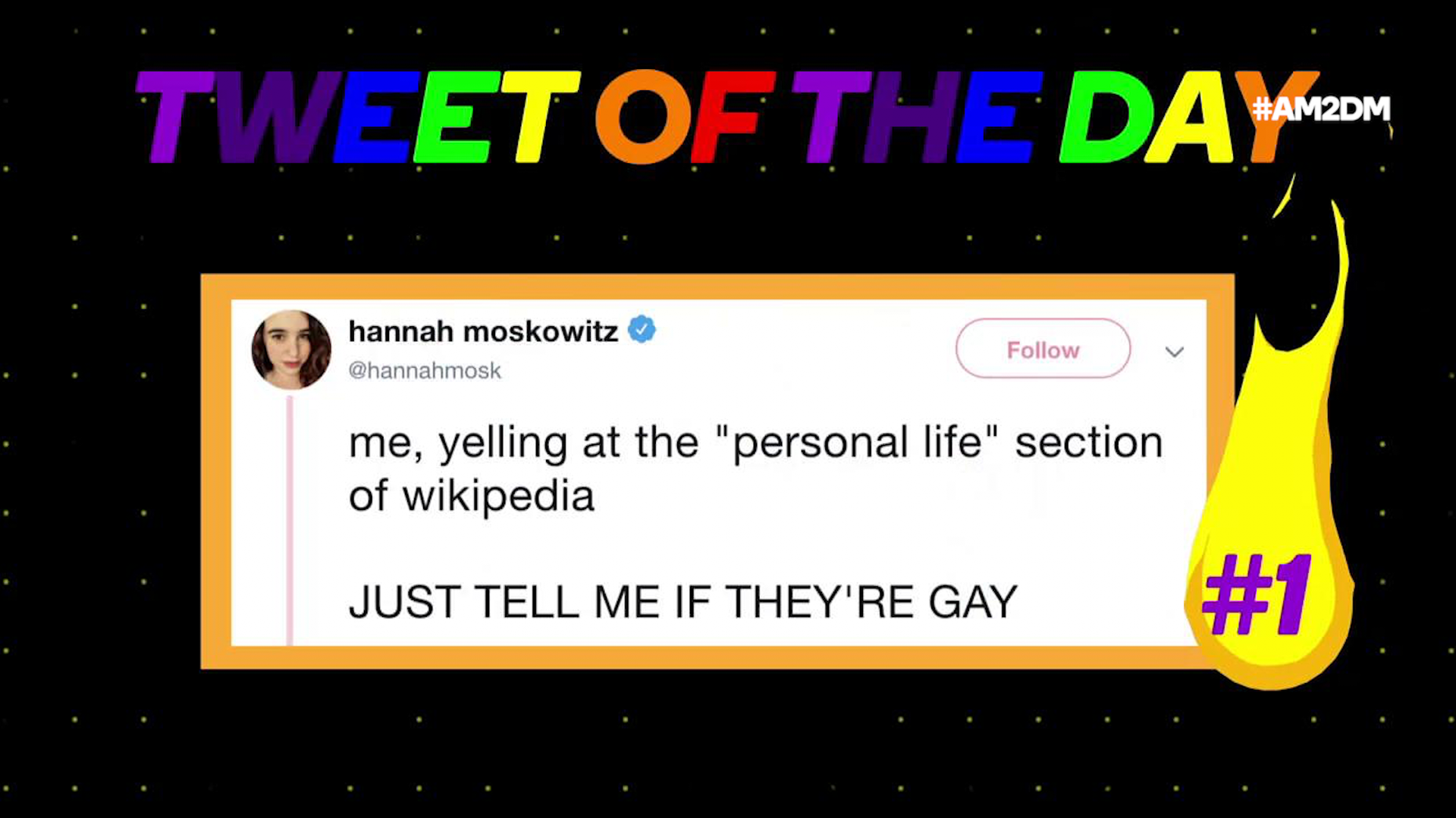 TWEET OF THE DAY: from @hannahmosk: ''me, yelling at the ''personal life'' section of wikipedia: JUST TELL ME IF THEY'RE GAY''