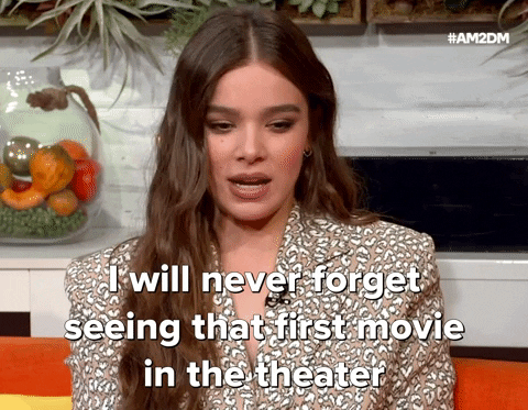 GIF of Hailee Steinfeld saying ''I will never forget seeing that first movie in the theater and being completely obsessed with it.''
