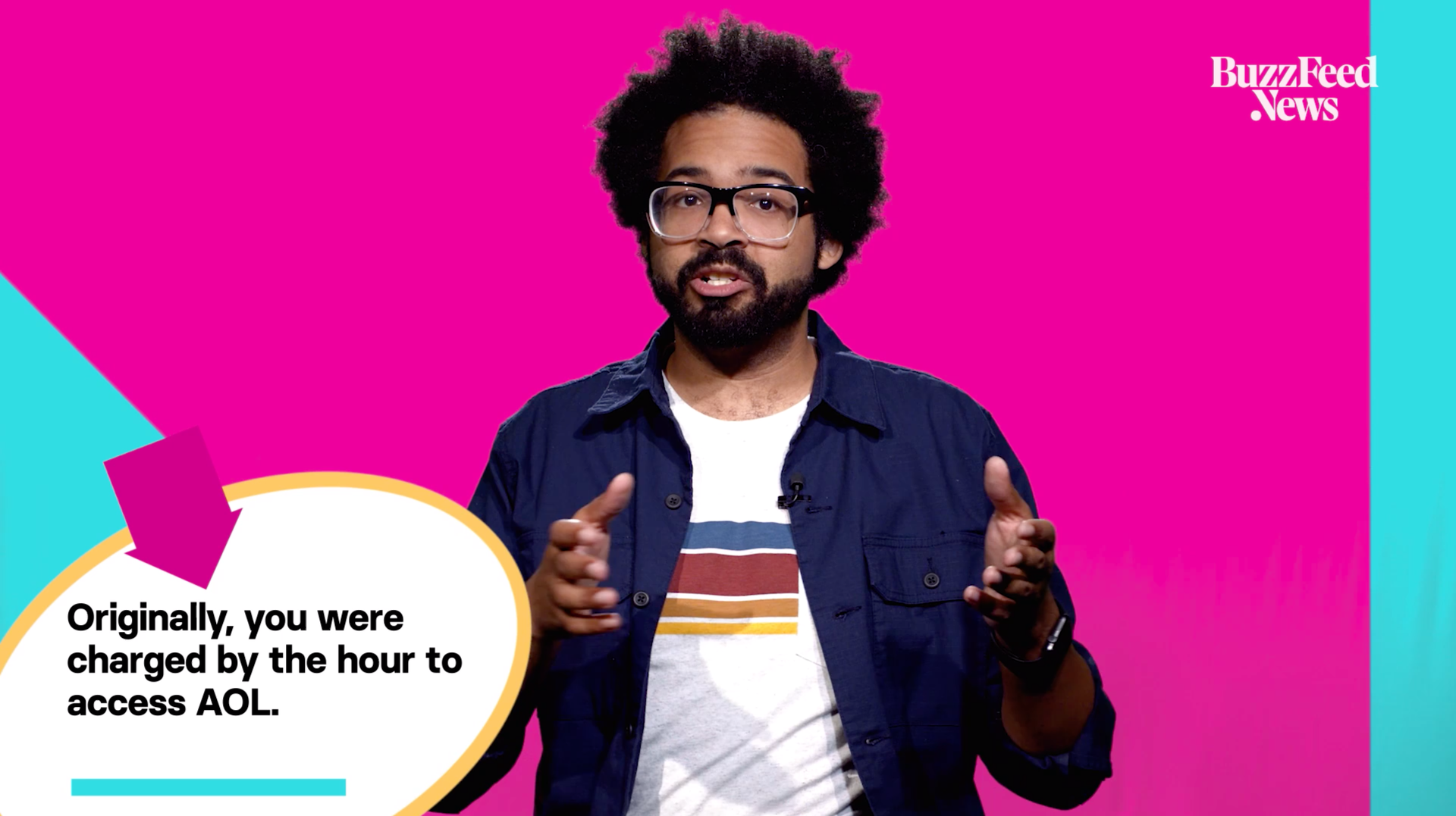 Still of Hayes Brown against a pink and teal background with the text ''Originally, you were charged by the hour to access AOL.''