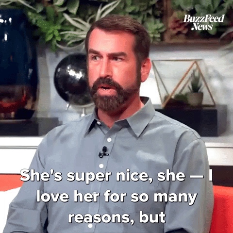 GIF of Rob Riggle saying ''She's super nice, she — I love her for so many reasons, but one of the reasons, and if I see this in anybody I'll love 'em, she's got a killer work ethic.'' GIF of Rob Riggle saying ''She's super nice, she — I love her for so many reasons, but one of the reasons, and if I see this in anybody I'll love 'em, she's got a killer work ethic.''