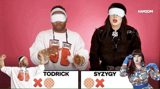 GIF of Todrick Hall saying ''Booyah'' to Syzygy during a pie-eating contest
