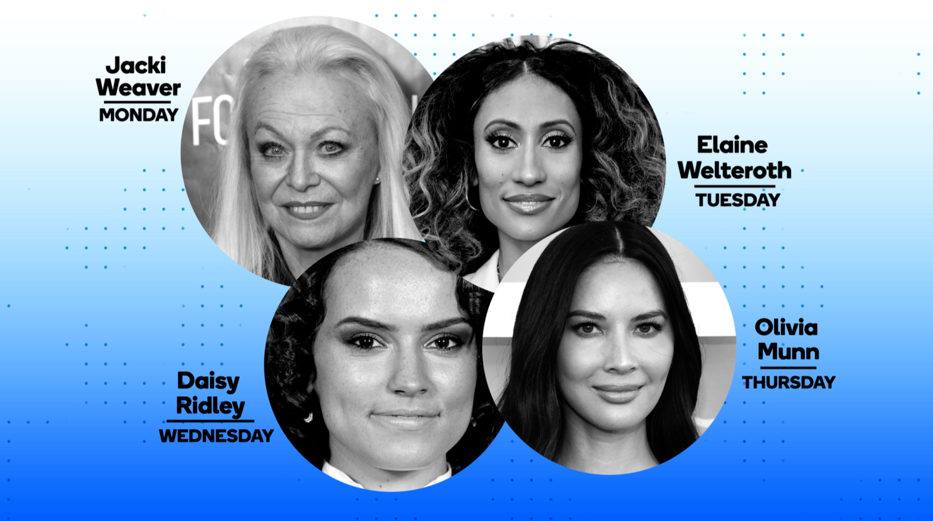 Blue graphic with black and white photos of Jacki Weaver, Elaine Welteroth, Olivia Munn, and Daisy Ridley