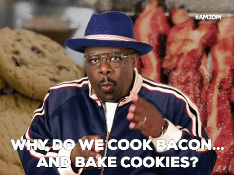 GIF of Cedric the Entertainer saying ''Why do we cook bacon and bake cookies?''